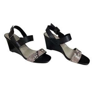 Franco Sarto Hooper Wedge Sandals 9 Black Snake Print Leather Ankle Strap Church